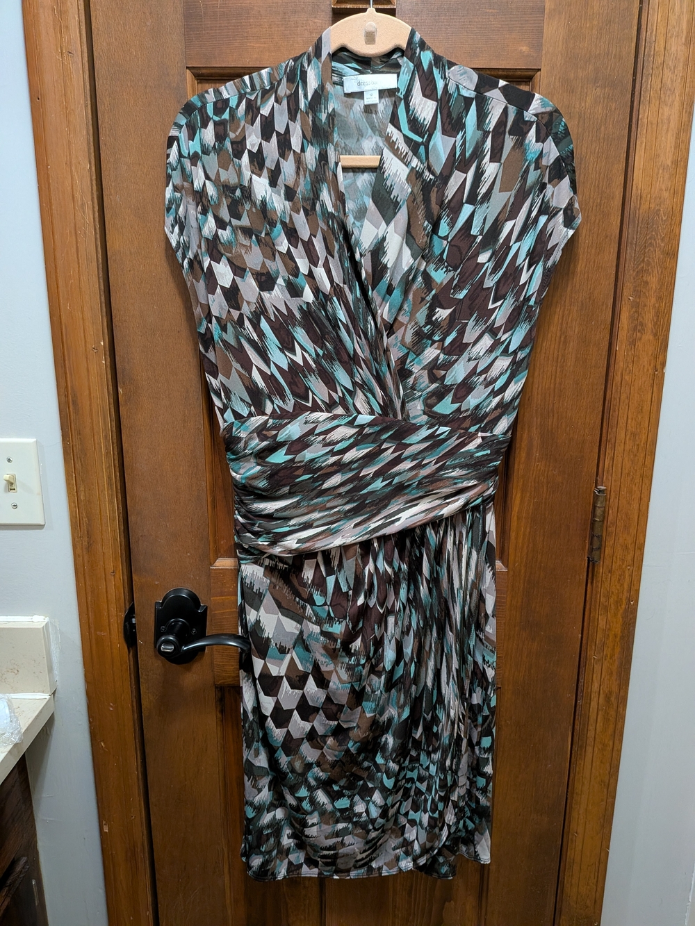 dressbarn Geometric Midi Dress in Teal, Brown, and Cream